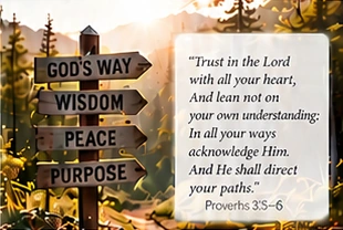 An illustrated signpost with arrows labeled God’s Way, Wisdom, Peace, and Purpose beside a Scripture quotation.