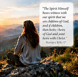 An illustration of a woman looking toward sunlit mountains, with a Scripture quotation about being a child of God.