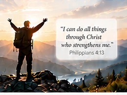 An illustration of a hiker raising their arms on a mountain summit beside broken chains.