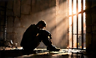 An illustration of a person sitting in a prison cell as sunlight comes through the barred window.