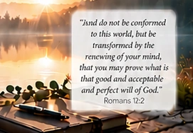 An illustration of a Bible on a wooden dock beside a peaceful lake at sunrise, with a quotation from Romans 12:2.