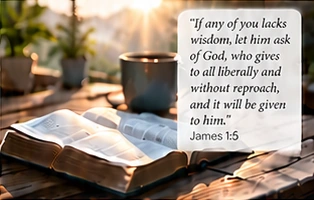 An illustration of an open Bible and a cup in warm sunlight, with a quotation from James 1:5.