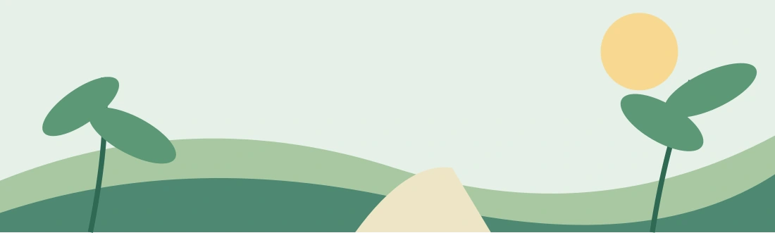 An illustration of trees, green hills, and sunshine beside an open path.