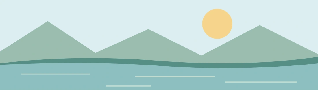 An illustration of mountains reflected in peaceful water beneath the sun.